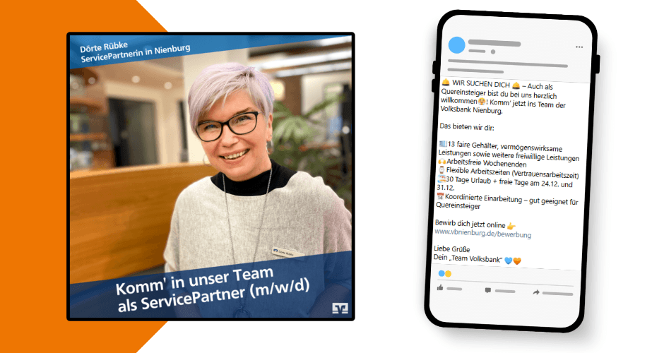 Linksbündig ein Stellengeuch mit dem Portrait einer VR-Bank Mitarbeiterin. Rechtsbündig das Gesuch als Text in einem Handy